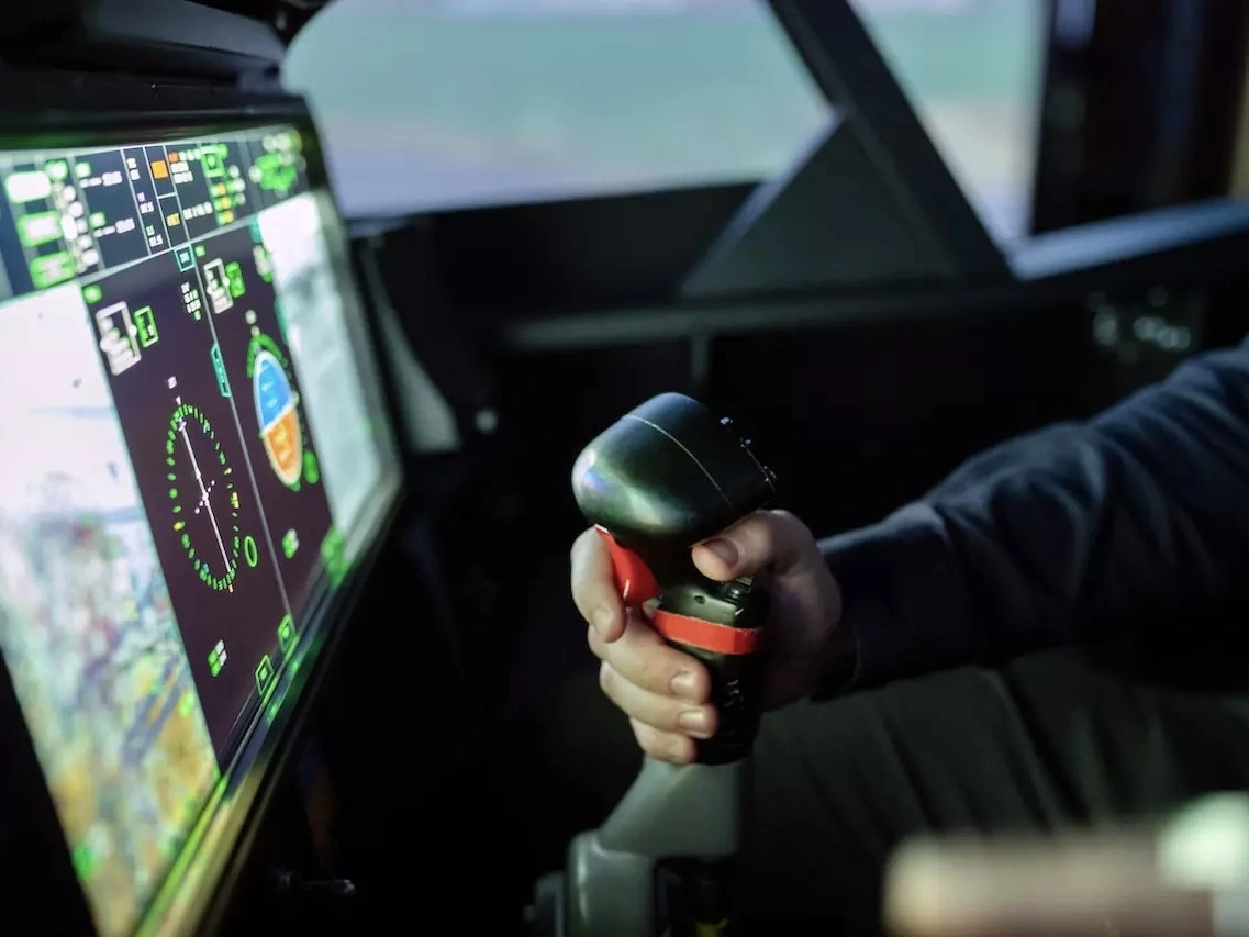 A flight simulator's controls. 