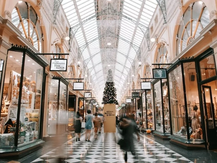 An indoor shopping arcade. 