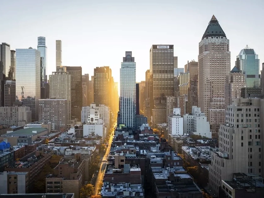 A city skyline. 