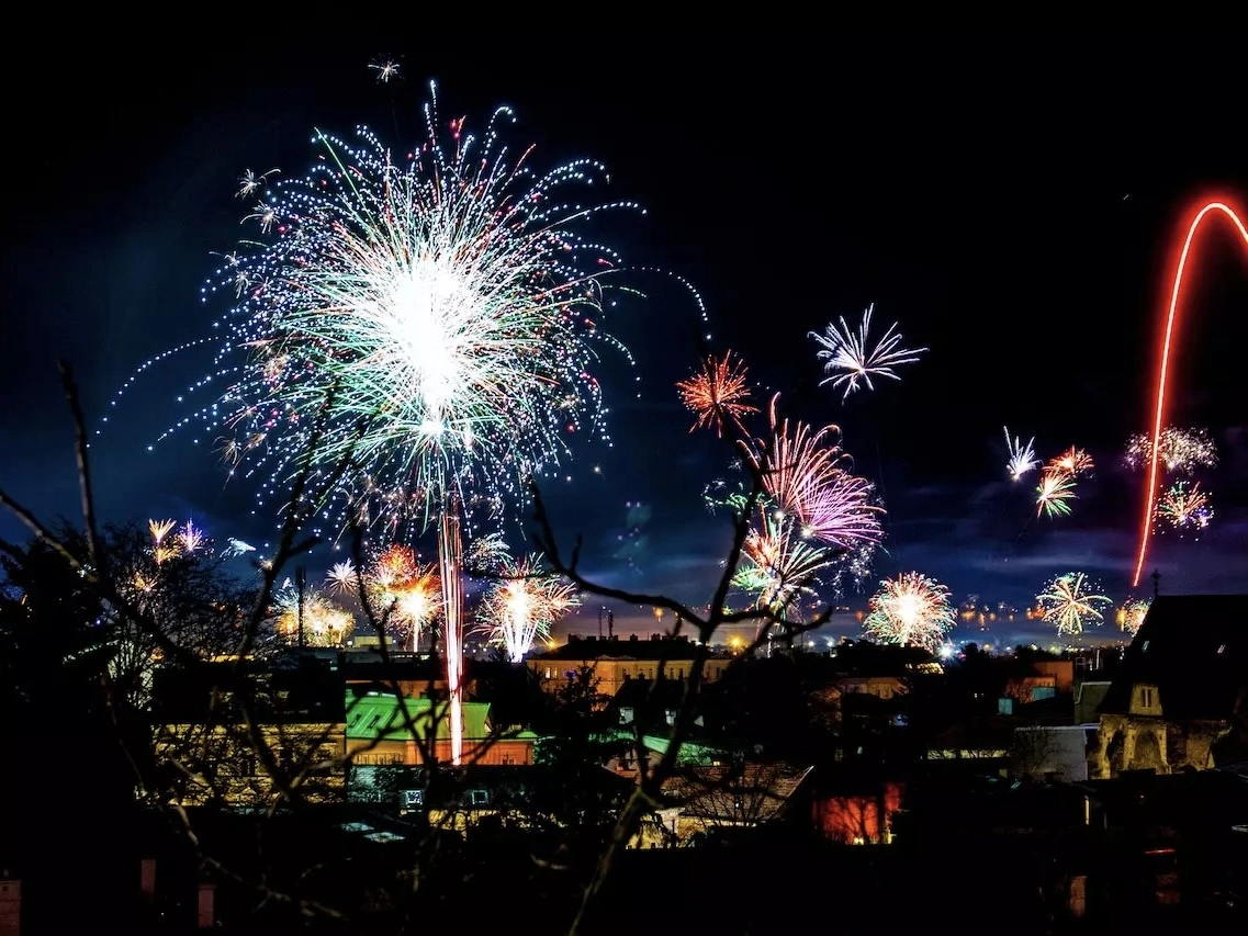 Fireworks in the night sky. 