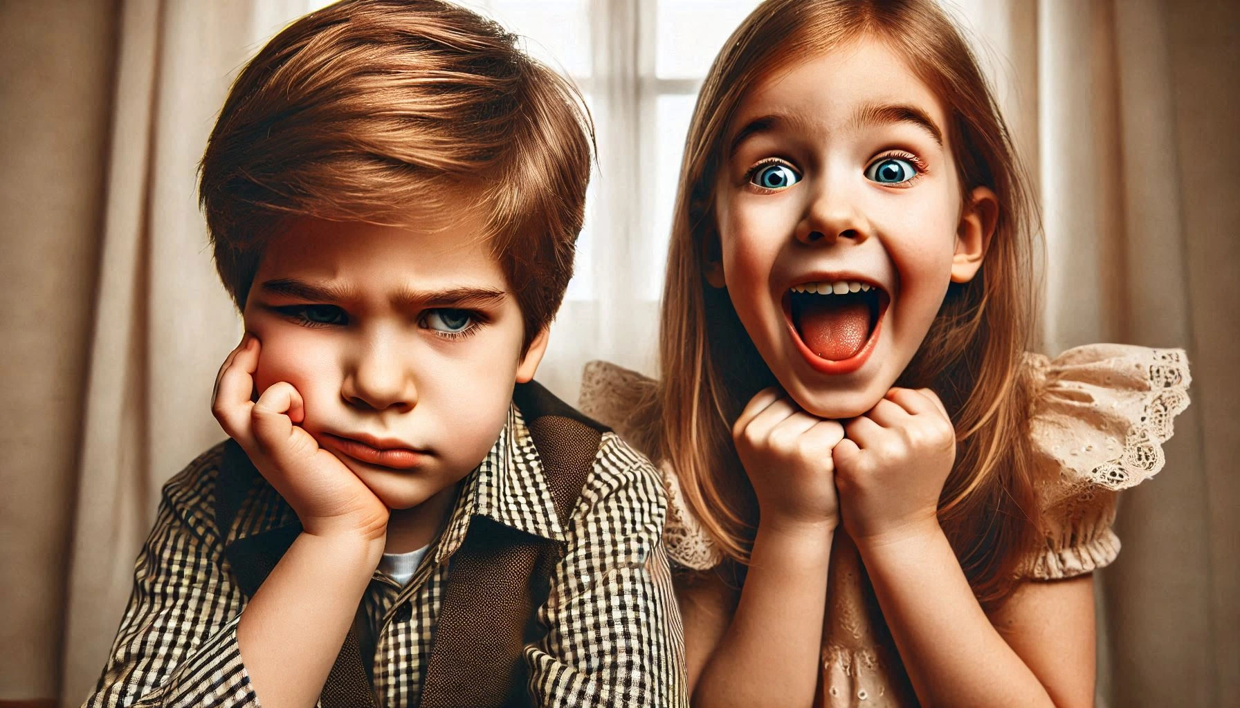 Two children. One looks bored, the other looks happy. 英語の形容詞の使い方